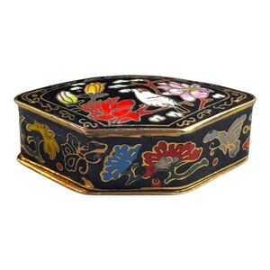 Vintage Cloisonné Trinket Pill Box Floral Bird Design Black Gold Color 1" Tall
